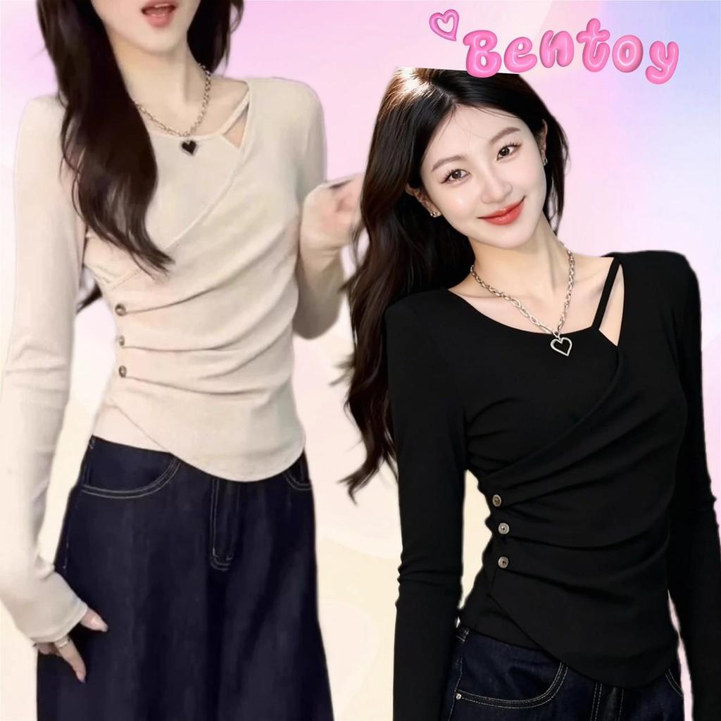 Bentoy พร้อมส่งไทย 1583 เสื้อแขนยาวไหมพรมเปิดไหล่ แต่งชือกรูดเอว แฟชั่นผู้หญิง ดีไซน์เรียบหรู