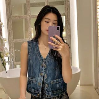 เสื้อกั๊กคาร์ดิแกนสั้นสำหรับผู้หญิง แบบยีนส์สไตล์ย้อนยุค คอว…