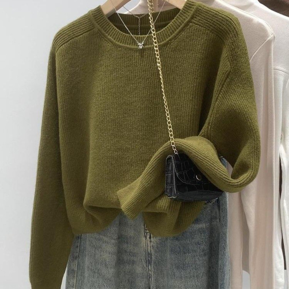 เสื้อกันหนาวแขนยาวสีเขียว ทรงหลวม สไตล์สั้น
