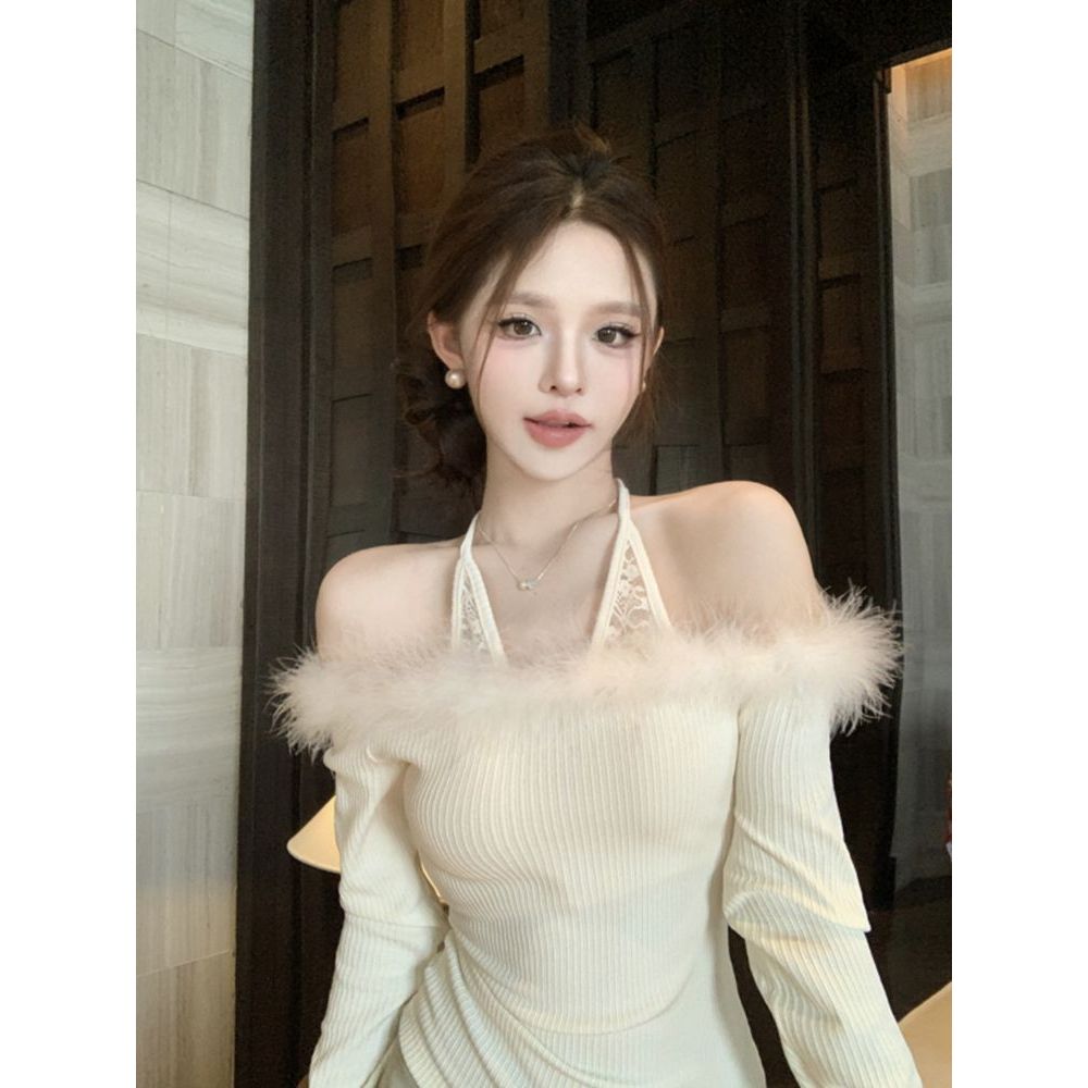 KEMEJA JolitaCeria Pure desire Girl Spice หนึ่งคําไหล่แขวนคอขนสัตว์คอปกด้านบนผู้หญิงฤดูใบไม้ร่วงและฤ