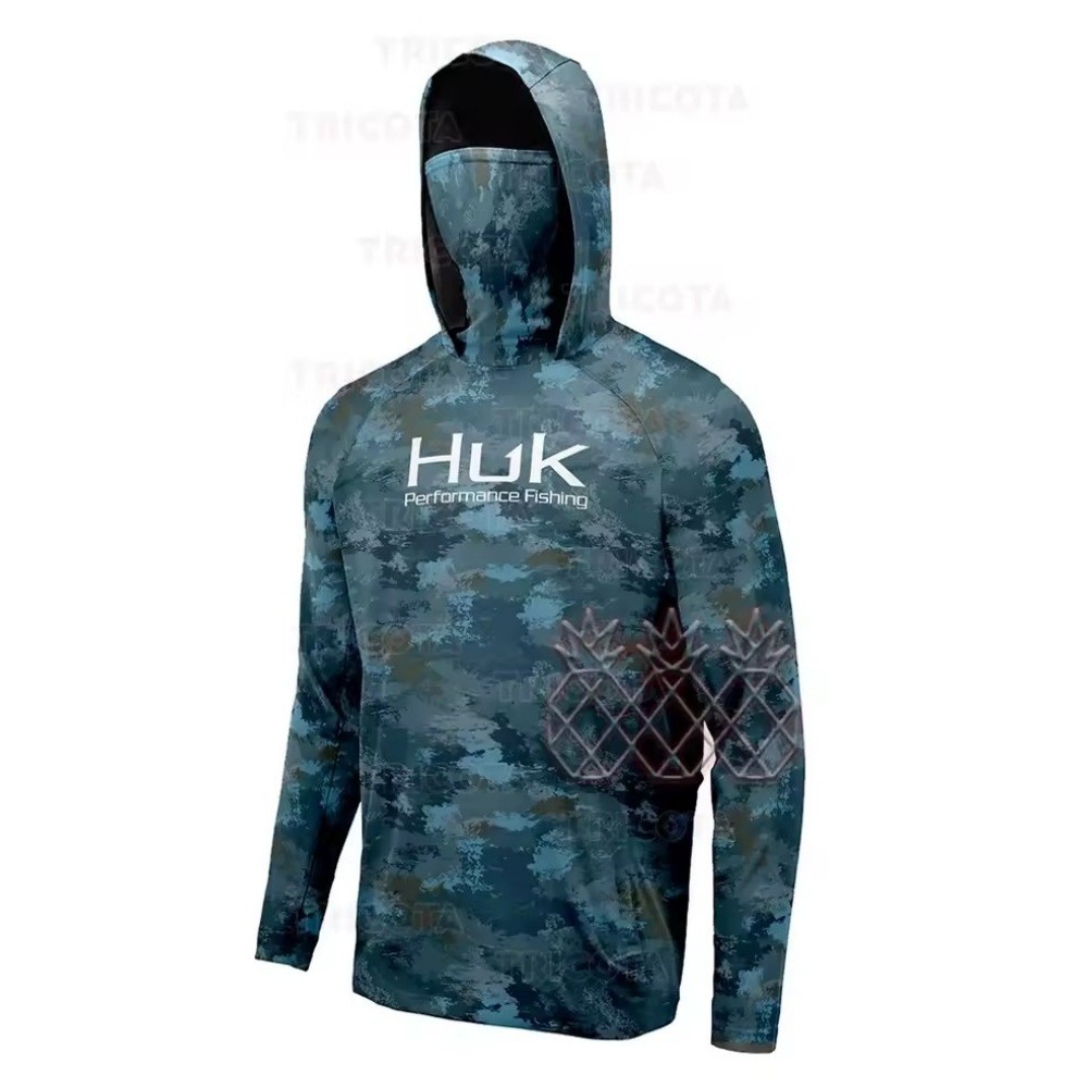 HUK เสื้อผู้ชายสำหรับตกปลา แขนยาว กันแดด UV แบบปิดท้ายทอย สวมใส่สบาย