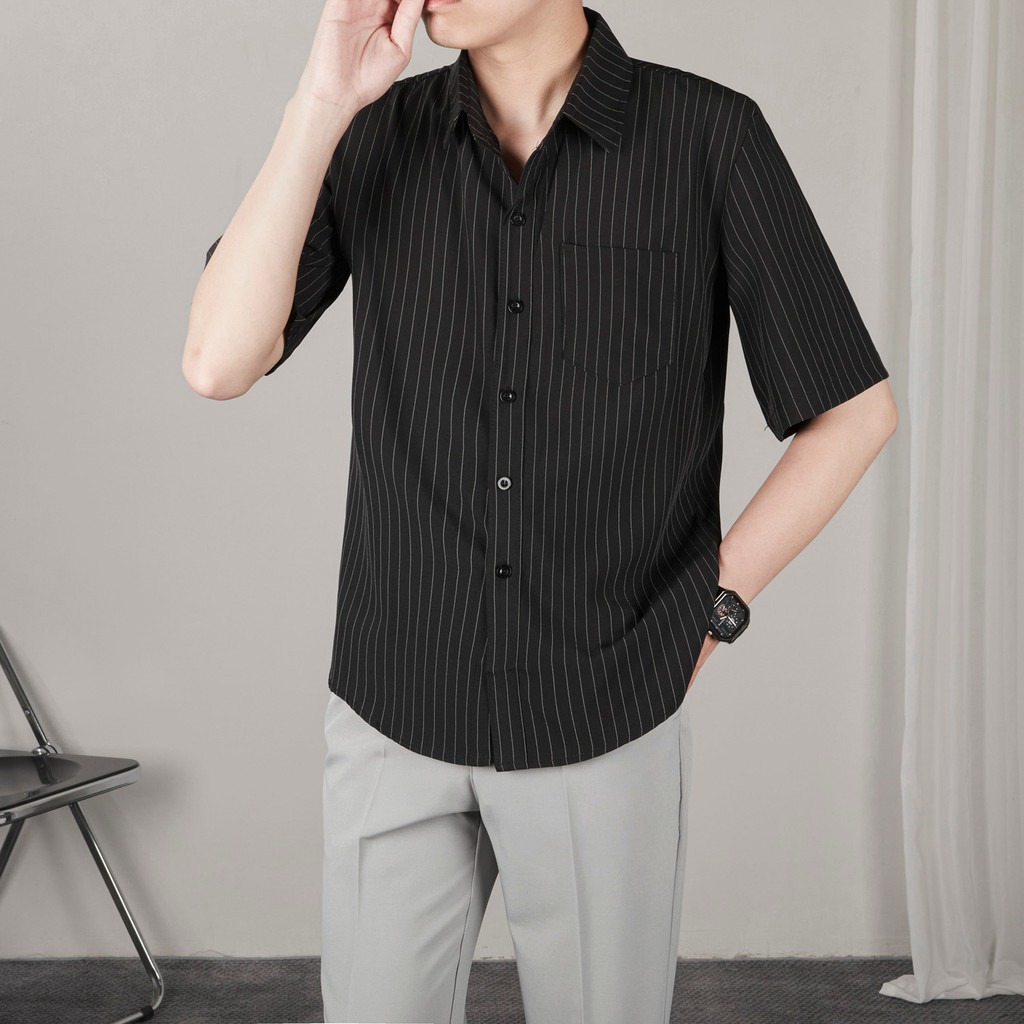 INCERUN เสื้อเชิ้ตแขนสั้นผู้ชายแฟชั่นลายทางขนาดใหญ่