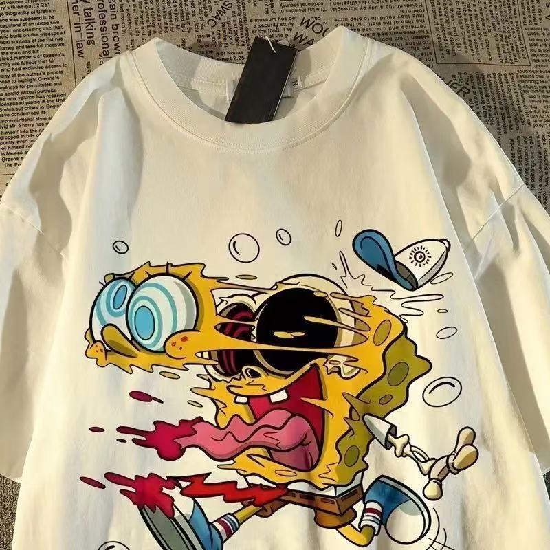 เสื้อยืดแขนสั้นสไตล์ฮ่องกง พิมพ์ SpongeBob SquarePants สำหรับทั้งผู้ชายและผู้หญิง ทรงหลวมรอบคอมีสไตล์ ราคา ถูกที่สุด ดีลบีเคเค แกลเลอรีภาพที่ 3
