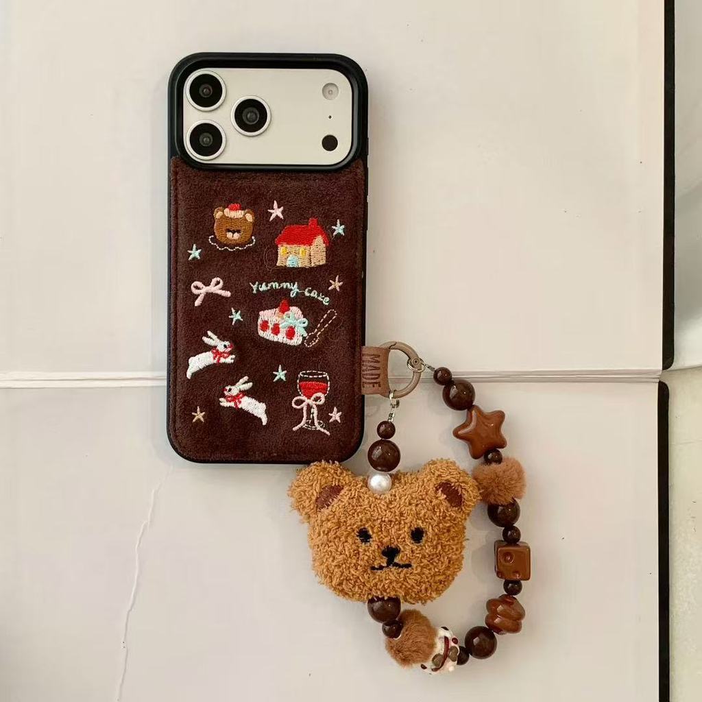 หนังชามัวร์ปักการ์ตูนสไตล์สําหรับ iPhone17pro Max 17pro 17 16pro Max 16pro 16 15pro Max 15 14pro Max