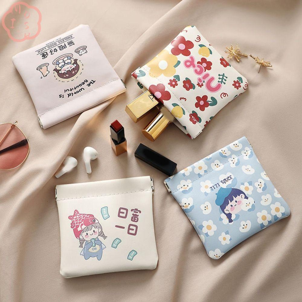 MIOSHOP กระเป๋าเครื่องสําอางขนาดเล็ก, กระเป๋าลิปสติกปิดอัตโนมัติแบบพกพา, กระเป๋าแต่งหน้าลายการ์ตูนหนัง Pu แบบนุ่ม