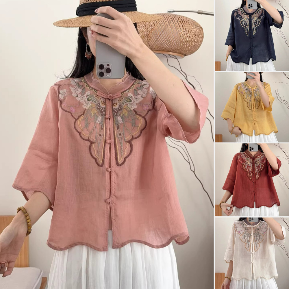 CP Heavy Industry ปักครึ่งแขนเสื้อผู้หญิงฤดูใบไม้ผลิฤดูร้อนสไตล์ใหม่ All-Match Retro Elegant