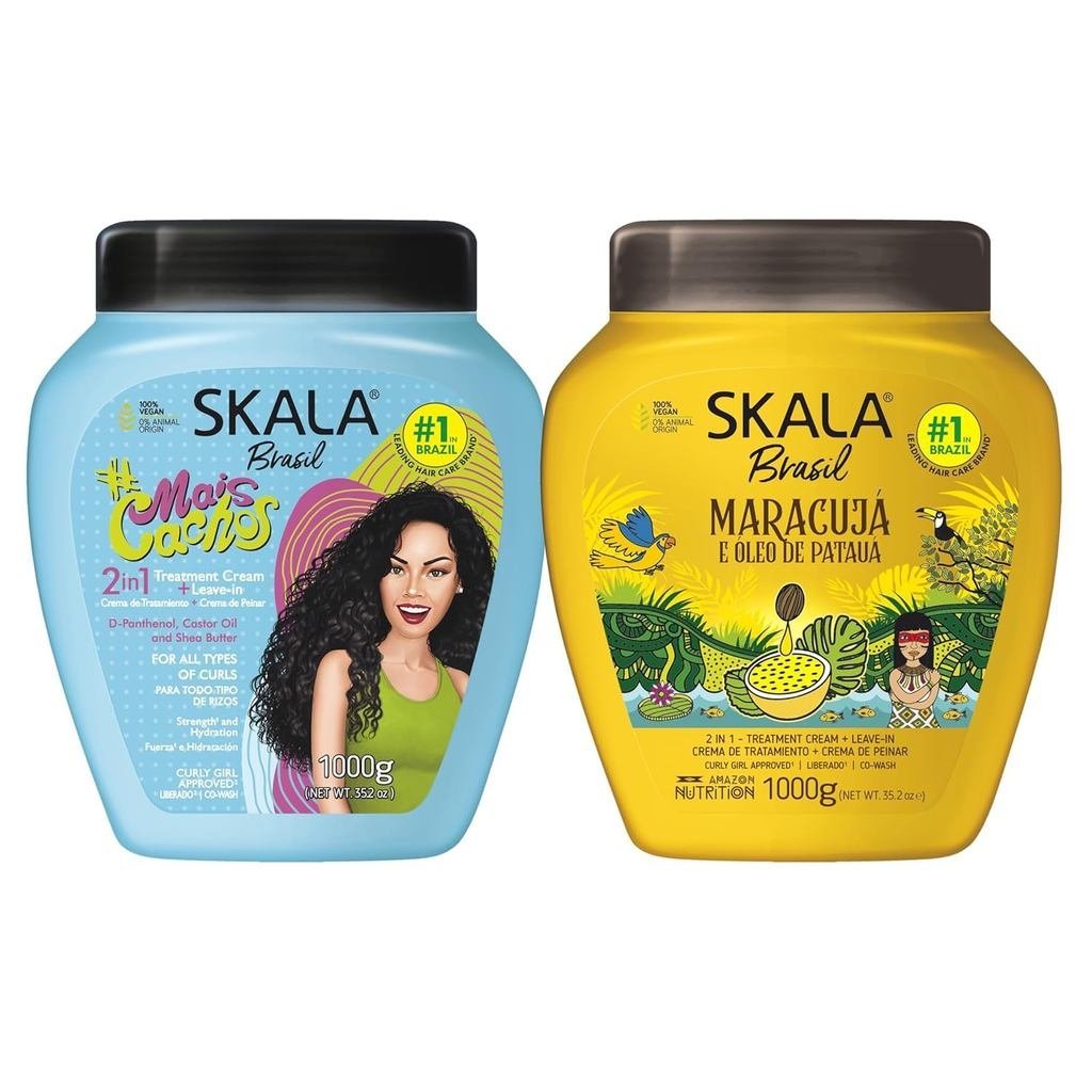 SKALA Hair Type 3ABC - Mais Cachos & Passion Fruit Combo - Hydrate Curls ขจัด Frizz สําหรับผมหยิก - ทรีทเม้นต์ปรับสภาพ 2-IN-1 และครีมเพื่อหวี, สีฟ้า