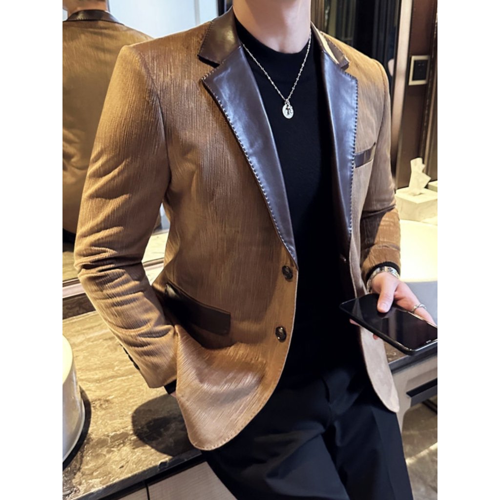 High-End Suede Blazer หนังเย็บชายเสื้อ Slim-fit หนาลายกํามะหยี่ Blazer