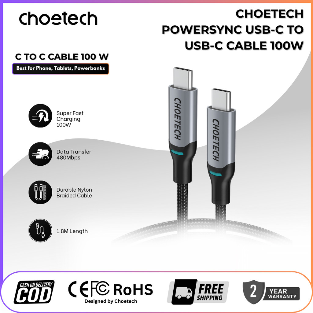 Choetech XCC-1002 PowerSync สาย USB-C เป็น USB-C 100W 1.8M | ชาร์จเร็ว PD | สายเคเบิลข้อมูลแบบถักไนล