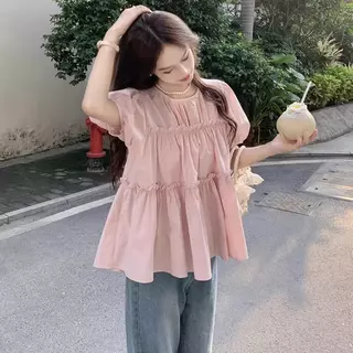 เสื้อเชิ้ตแขนตุ๊กตา ทรงเค้กหลวมๆใส่สบาย ปิดหน้าท้องได้ดี แฟชั่นฤดูร้อนสไตล์เกาหลี-พร้อมส่งจากไทย-รุ่นW630