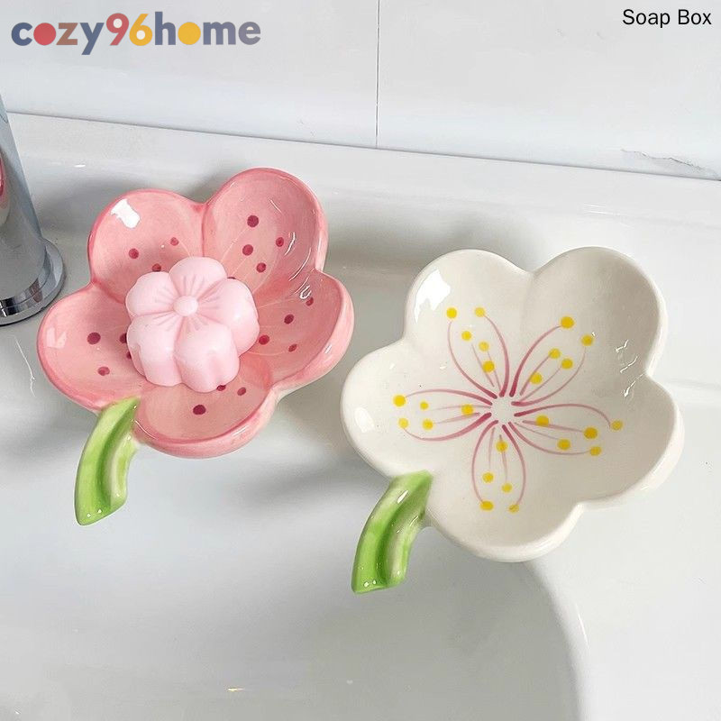 Creative Peach Blossom กล่องสบู่เซรามิก Bathroyom ท่อระบายน้ําจานสบู่น่ารักเคาน์เตอร์ชั้นเก็บ