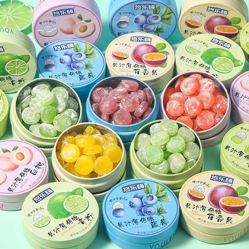 果汁水果味薄荷硬糖清凉清新口气网红解馋小零食糖果铁罐装【特】oh411Fruity Juice Mint Hard Candy - Refreshing and Cool, Popular Snack