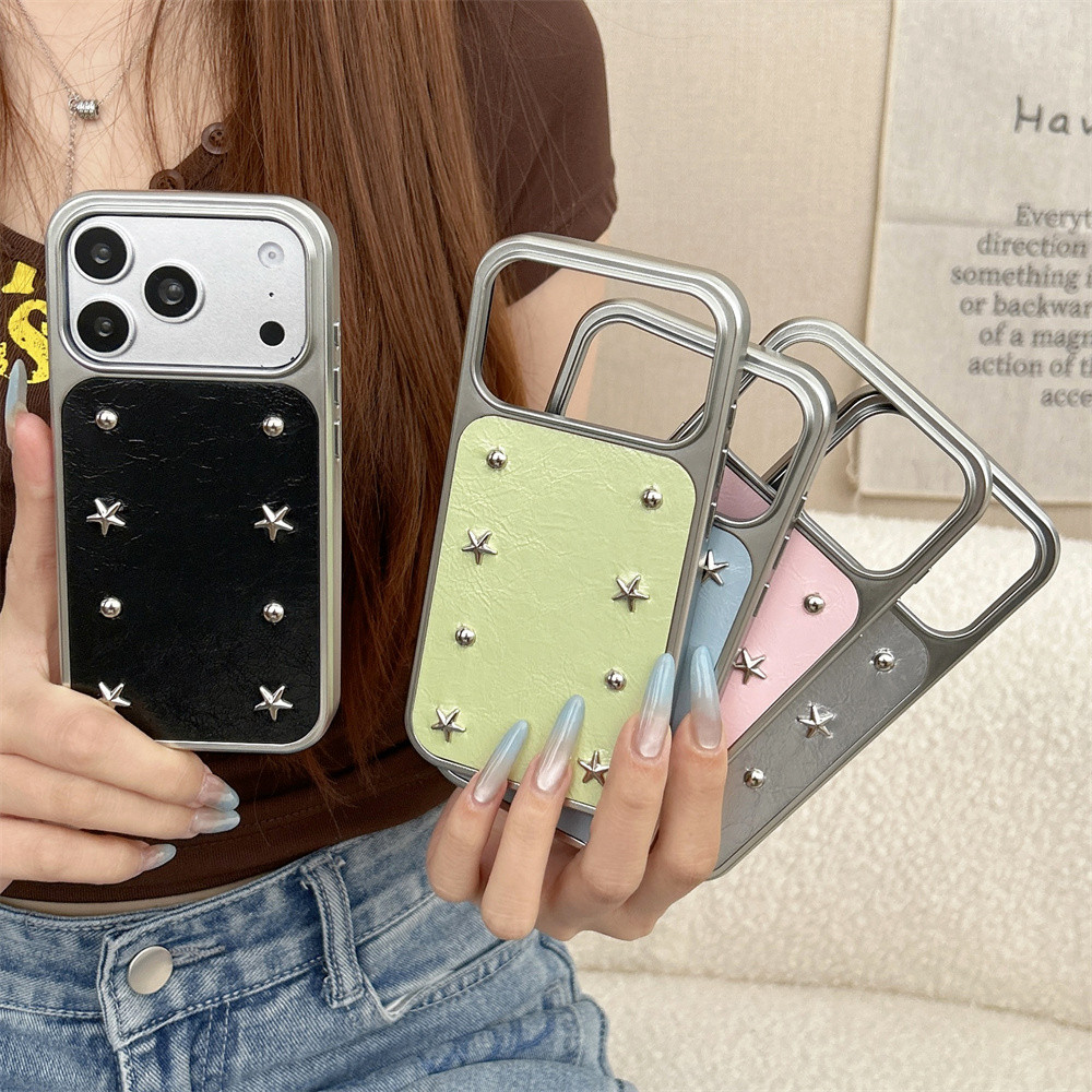 หรูหราน่ารักRivet StarสําหรับiPhone 17 17 Pro Max 16 15 14 Pro Maxเคสโทรศัพท์หนังหน้าต่างขนาดใหญ่Premium Textureรวมทุกอย่างกันกระแทกเคสโทรศัพท์