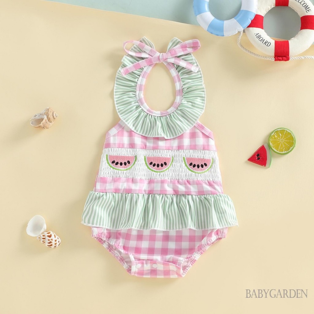 ชุดว่ายน้ําเด็กผู้หญิง ลายสก๊อต มีการปัก tie-up และ ruffle สำหรับสวมใส่เล่นน้ำหรือใช้งานทั่วไป