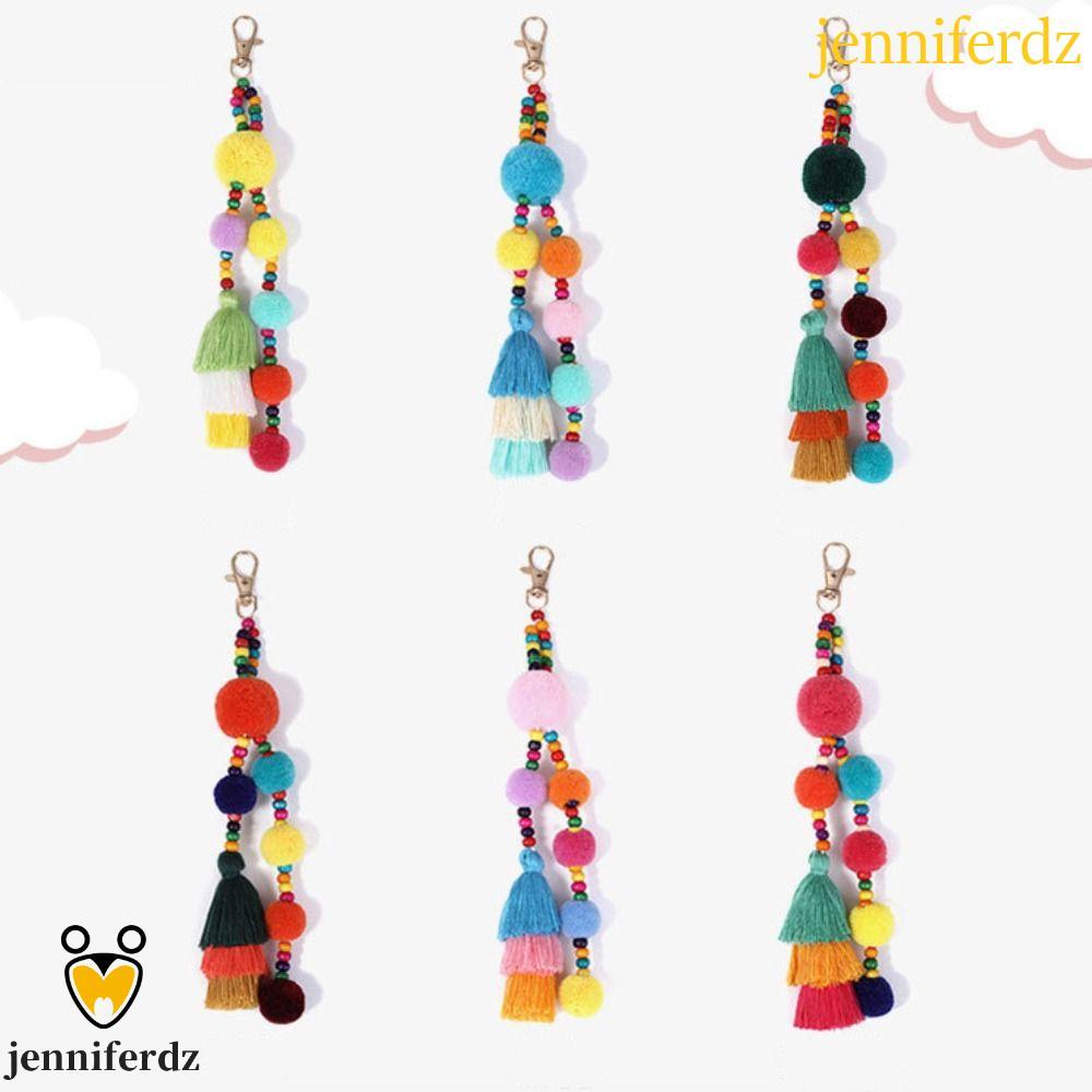 JENNIFERDZ Boho สไตล์ผม Ball พู่พวงกุญแจ, Pom ที่มีสีสัน Boho สไตล์พวงกุญแจ, Boho เครื่องประดับ Hand
