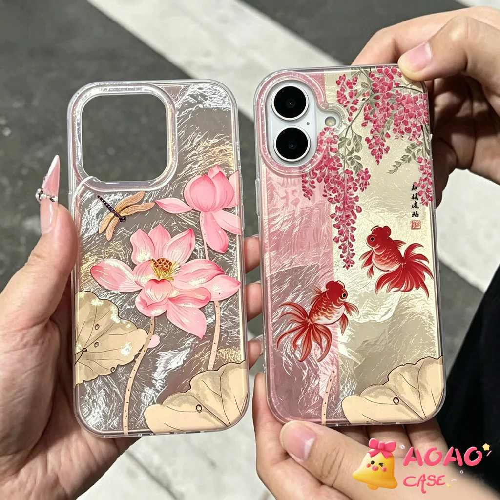 เคสIMDปลาคราฟดอกบัว มงคลเสริมดวงการเงิน ดีไซน์หรูหรา iPhone 7Plus 13 11 15 14 12 Pro Max 8 15 Plus X XS XR Max SE 2022