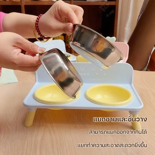 ชามแมวชั้นวางชามคู่ ชามสัตว์เลี้ยงป้องกันแมลงและมด ชามแมวสแตนเลสความจุขนาดใหญ่ ป้องกันการล้ม