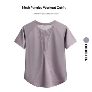 เสื้อยืดแห้งไว EERSHENSHI สำหรับโยคะและออกกำลังกาย งานติดกระชับแบบตาข่าย
