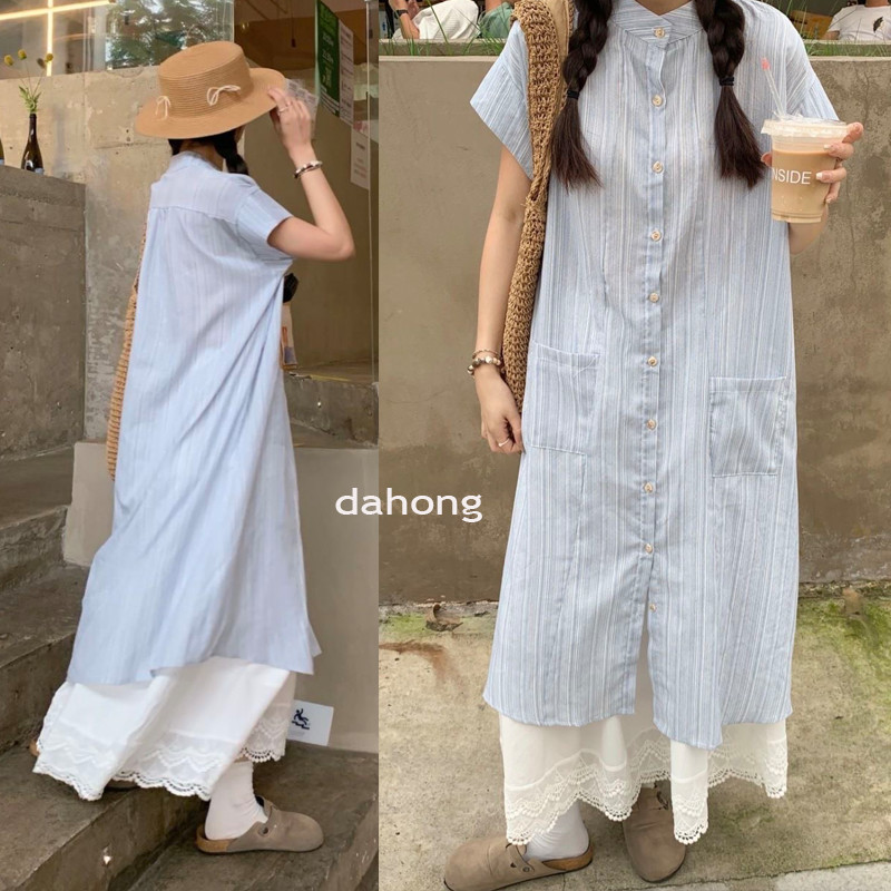 Dahong 99236ชุดเดรสเสื้อเชิ้ตแขนสั้นลายทางสีน้ําเงินฤดูร้อนเรียบง่ายเข้ากันทั้งหมดสไตล์ใหม่สไตล์เกาหลีหลวมกลางความยาวสอง