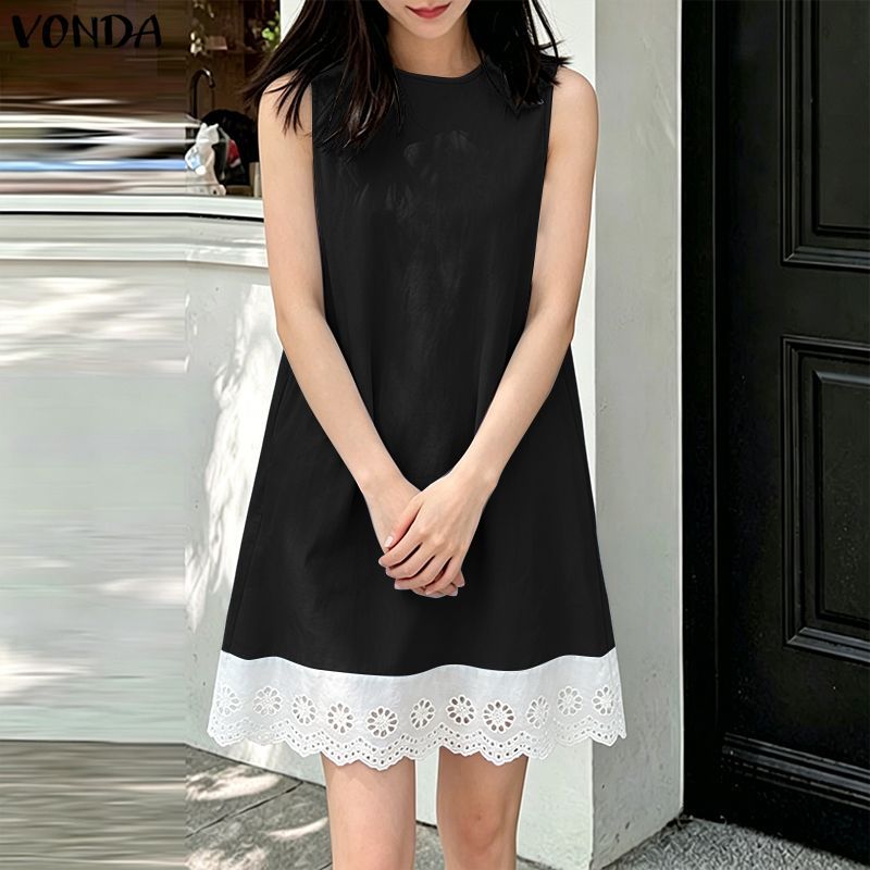 VONDA ผู้หญิงเกาหลีลําลองรอบคอปุ่มชุด Contrast Ruffle Trim Slim Fit สายแขนกุดทอชุด — صورة 4