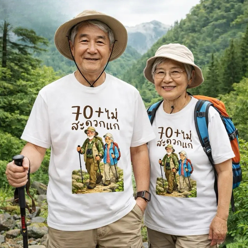 เสื้อยืดคู่รักฤดูร้อน ลายการ์ตูนพิมพ์กลางแจ้ง เหมาะสำหรับคู่รักสูงวัย ของขวัญวันวาเลนไทน์ ของขวัญสำหรับพ่อแม่ ขาวดำ