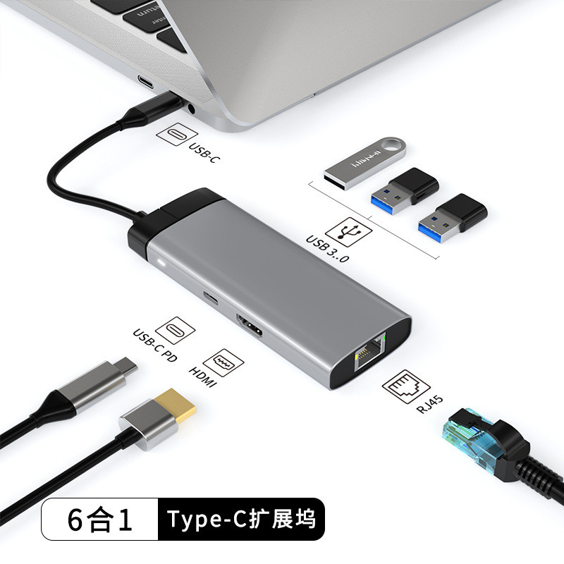 Six-in-One Type-C HUB Docking Station RJ45 Gigabit Network Port Adapter HDMI Converter หนึ่งสําหรับส