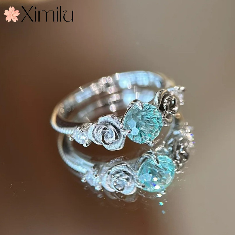 ❤ Cold Camellia Light Blue Paraiba Color Fireworks Cut Rose Ring Female All-Match Diamond Jewelry