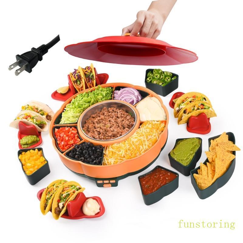 ชุดบาร์ Tacos หมุนได้ FUN พร้อมขาตั้ง Tacos 4 ถาดที่ถอดออกได้และทําความร้อนได้เหมาะสําหรับการชุมนุม 