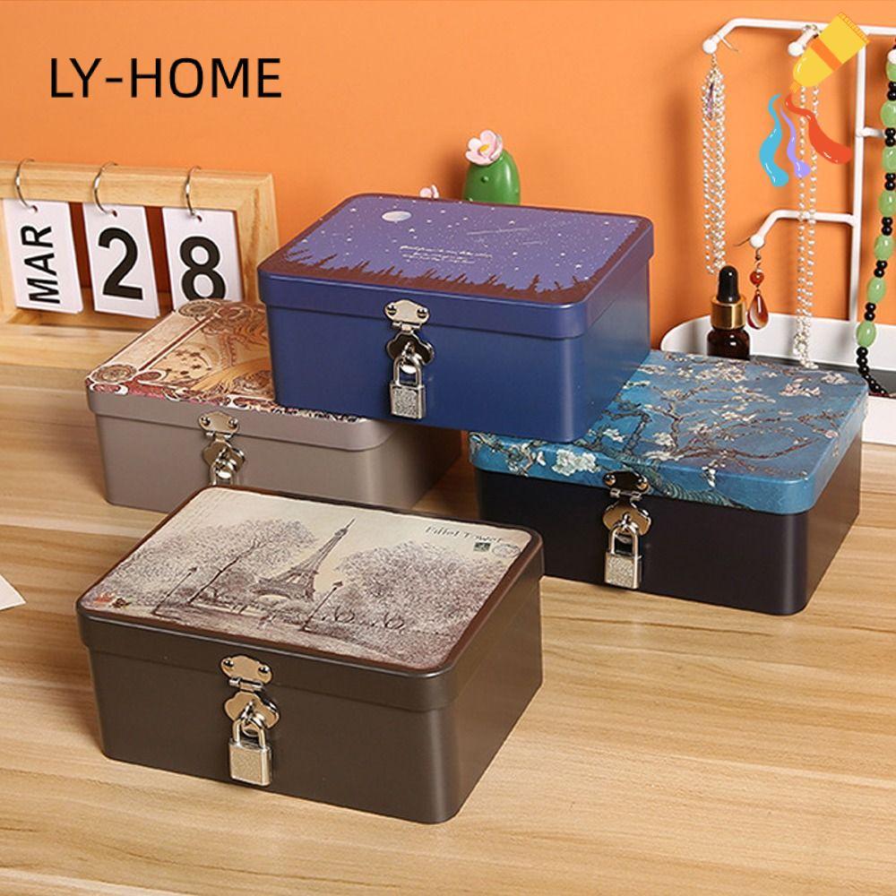 เหลียวหยิง ที่เก็บของตั้งโต๊ะ ,พร้อมกุญแจล็อคกล่องจานดีบุกความจุขนาดใหญ่,เครื่องประดับวินเทจกล่องเปล่าในครัวเรือน