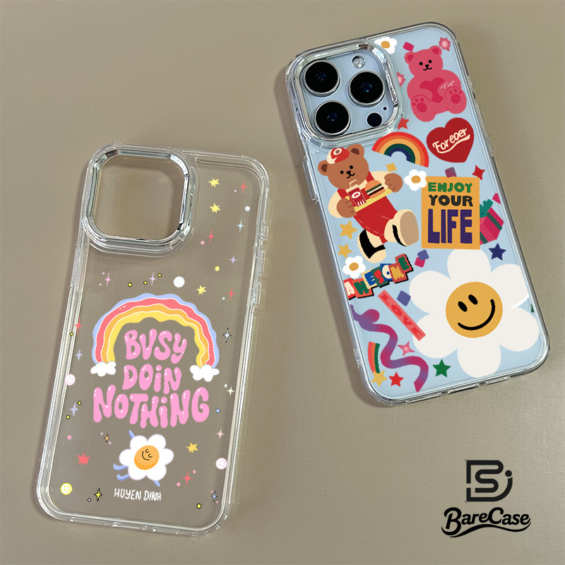 เคสโทรศัพท์ใสลายหน้ายิ้มสีรุ้ง สำหรับ iPhone 11 13 12 14 15 16 Pro Max X XS 7 Plus ดีไซน์กันกระแทกพร้อมกรอบโลหะ