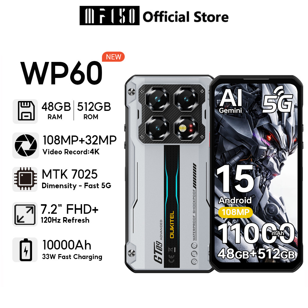 [สต็อกท้องถิ่น] OUKITEL WP60 5G 48GB + 512GB 7.2 108MP + 32MP สมาร์ทโฟน FHD + 120Hz Resfersh Rate Display 10000mAh Handphone โทรศัพท์มือถือกล้อง Android 15