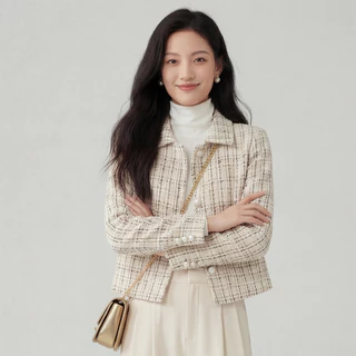 เสื้อทวิตแขนยาว เสื้อคลุมเกาหลี Tweed Jacket มีไซส์ S-5XL แต่งกระเป๋าหน้า สีครีมน้ำตาล เรียบหรูดูดี สไตล์เกาหลี