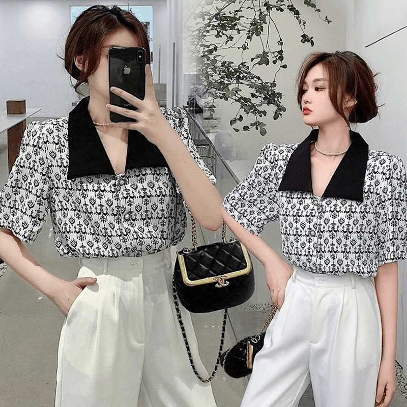 99242 เสื้อเชิ้ตแขนพองผ้าชีฟองลายดอกไม้ทรงหลวมสไตล์ฝรั่งเศสสำหรับผู้หญิง คอปกแบบพับลง เหมาะสำหรับฤดูใบไม้ผลิและฤดูร้อน