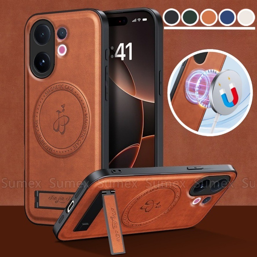 Stand Holder เคสหนังสําหรับ Vivo V60 VivoV60 Lite 5G 4G แหวนชาร์จแม่เหล็กปลอกธรรมดาที่วางโทรศัพท์กัน