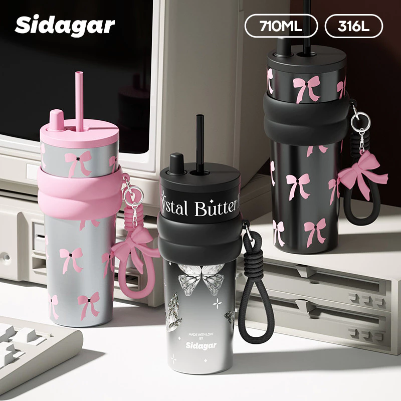 Sidagar (710ml) กระติกน้ำสแตนเลสสองชั้นแบบสุญญากาศ พร้อมหลอดดูดและฝาปิดหลอดป้องกันฝุ่น เก็บความร้อนหรือความเย็นได้นาน