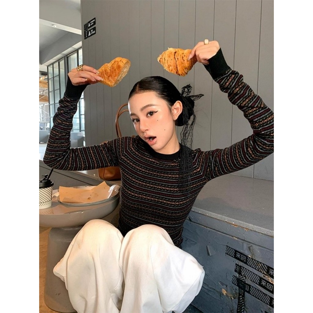 เสื้อไหมพรมลายทางสำหรับฤดูใบไม้ร่วงและฤดูหนาว ฐานด้านบน - รูปที่ 4