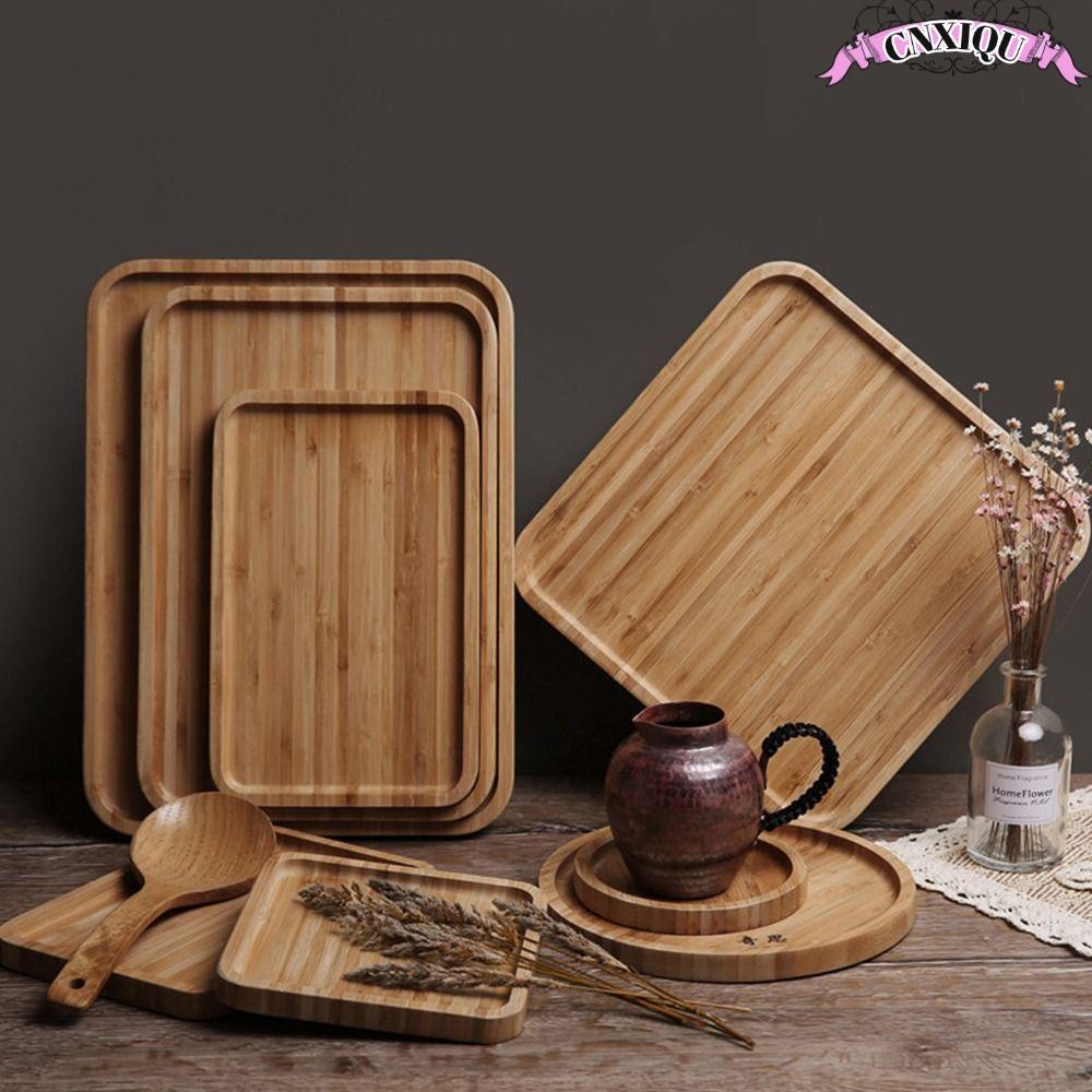 CNXIQU ถาดไม้ญี่ปุ่นสี่เหลี่ยมโอ๊คบ้านจานรับประทานอาหารจานขนมปังโรงแรมแผ่นชาไม้รอบแผ่นผลไม้