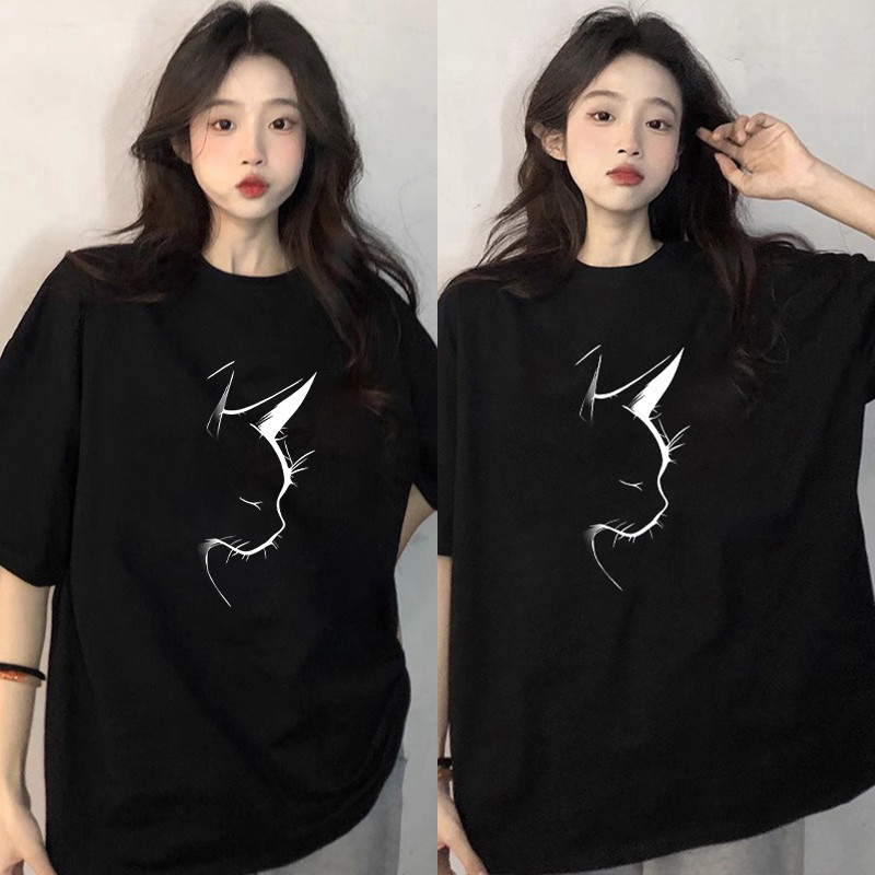 COD 2026Ihkie เกาหลี CAT พิมพ์เสื้อยืดสีขาวคอกลมลําลองขนาดใหญ่สําหรับผู้หญิงCOD 0OVD