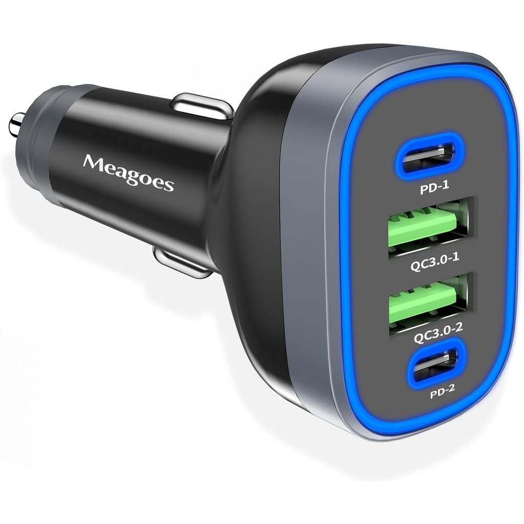 USB C Car Charger, Meagoes 4 Ports 90W Super Fast Charging, Dual PD 45W USBC & QC3.0 USB 12V Cigaret
