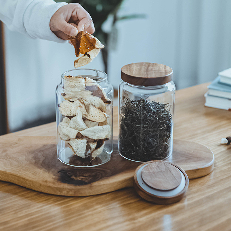 Acacia Wood Glass Sealed Jar Kitchen Multigrain Storage Jar Transparent Snack Storage Jar Coffee Bea