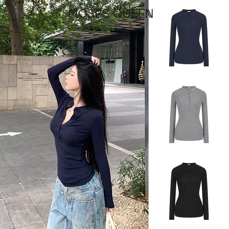 MOSESQUEEN เสื้อยืดแขนยาวคอเปิดสไตล์อเมริกัน สำหรับใส่ชั้นในผู้หญิง ผ้าถักเนื้อบางพิเศษ ใส่สบายทุกฤดู #63354