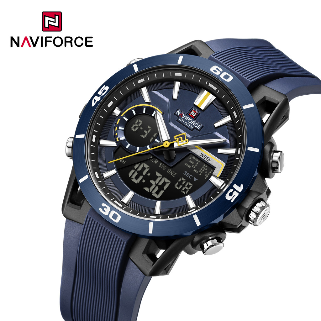 NAVIFORCE NF7135 ผู้ชาย 5ATM กันน้ํา Dual TIme นาฬิกาแฟชั่นกีฬากันน้ํานาฬิกาข้อมือนับถอยหลัง