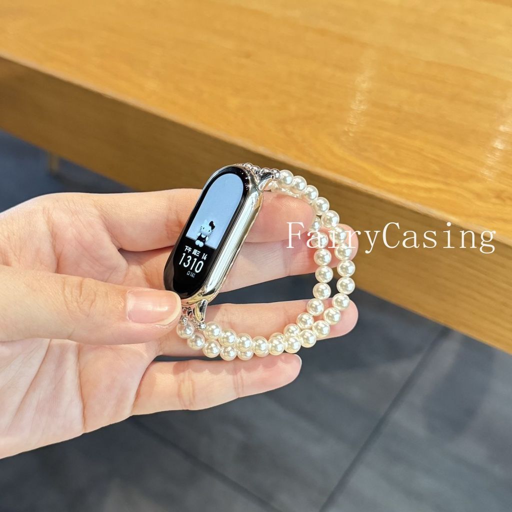 สายรัดลูกปัดมุกสําหรับ Xiaomi Mi Band 10 9 8 7 Pro สายรัดข้อมือ Correa สําหรับ Xiaomi Mi Band 9 8 Active สร้อยข้อมืออุปกรณ์เสริม