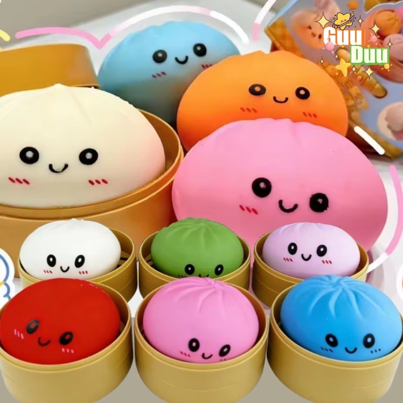 [GUUDUU] ของเล่นบีบซาลาเปาสีสันสดใส – ตุ๊กตาบีบ – ของเล่นบีบแป้งหยิก – ลูกบอลความเครียดน่ารัก – อาหารจําลอง Squishies Bun พร้อม Steamer – คลายเครียดนําเสนอ – โปรปัง
