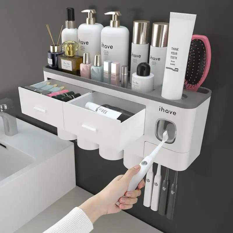 IHave ที่ใส่แปรงสีฟันสําหรับห้องน้ํา, ที่ใส่แปรงสีฟัน 4 ถ้วยติดผนังพร้อมเครื่องจ่ายยาสีฟัน - ถาดความ
