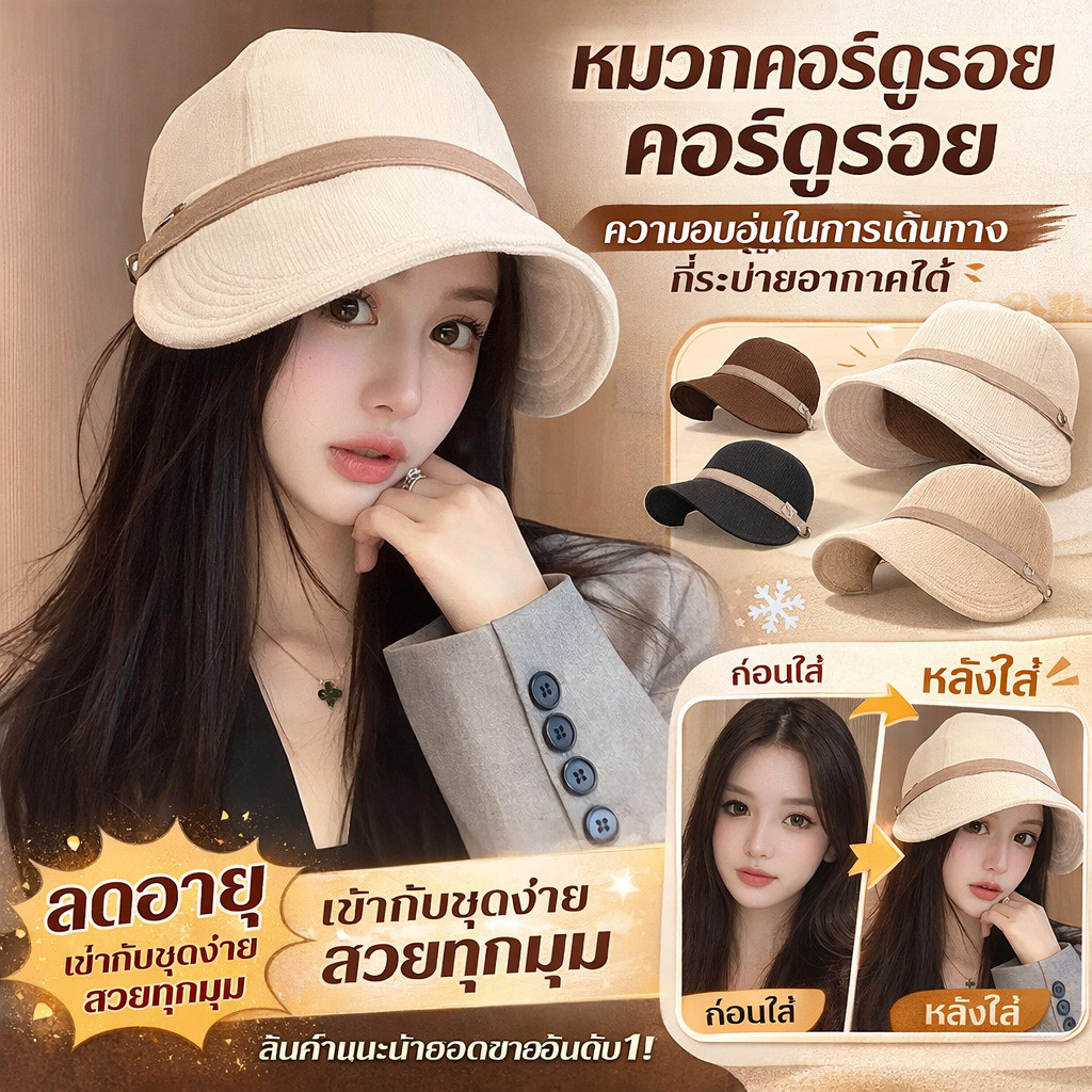 หมวกแก๊ปคอร์ดัวร์ปรับรูปหน้าเล็ก/ป้องกันแสงแดดสไตล์โมเดิร์น/ดีไซน์พิเศษสำหรับผู้หญิง/ใช้งานกลางแจ้งชีวิตประจำวัน/หมวกปีกกว้าง/เหมาะกับมนุษย์เงินเดือน