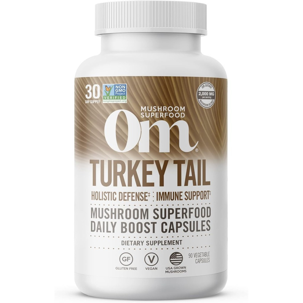 Om Mushroom Superfood Turkey Tail Mushroom Capsules อาหารเสริม Superfood, 90 Count, 30 Days, Immune 