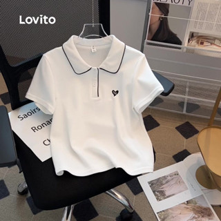 Lovito เสื้อยืดลำลองสีขาวสำหรับผู้หญิง ดีไซน์ตัดกัน สำหรับฤด…