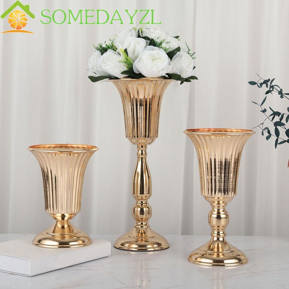 SOMEDAYZL แจกันทรัมเป็ตโลหะ,แจกันดอกไม้แต่งงานสไตล์ยุโรปสีทอง,สร้างสรรค์ตกแต่ง Anti-fall กระถางดอกไม้แห้งโต๊ะโรงแรม