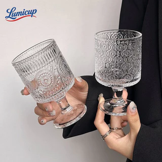 แก้ววินเทจมีขา 220ml แก้วแกะสลัก Retro Glass Goblet ถ้วยแก้วลายหรู สำหรับกาแฟ ไวน์ ค็อกเทล